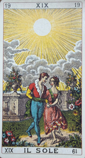 Tarot card titled 'Il Sole' with a bright sun and two people embracing on a wooden surface. the sun tarot card, psychic tarot reading. london psychic 